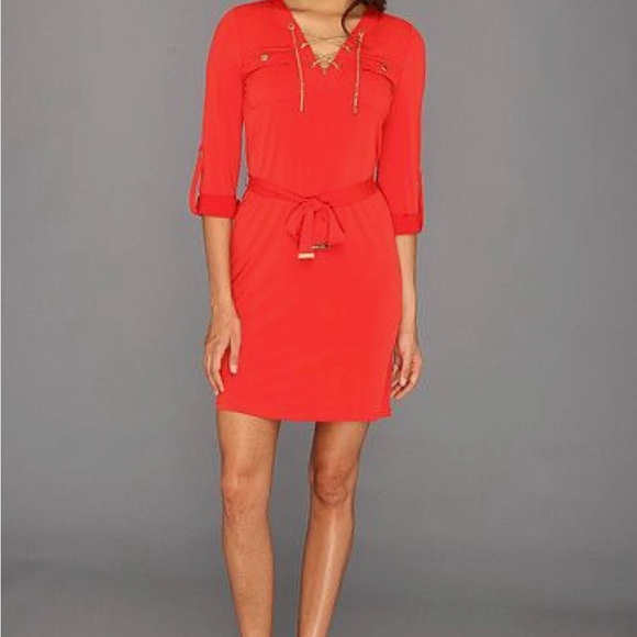 Michael Kors Womens Chain Lace Up Shirt Dress -Red - Picture 1 of 5